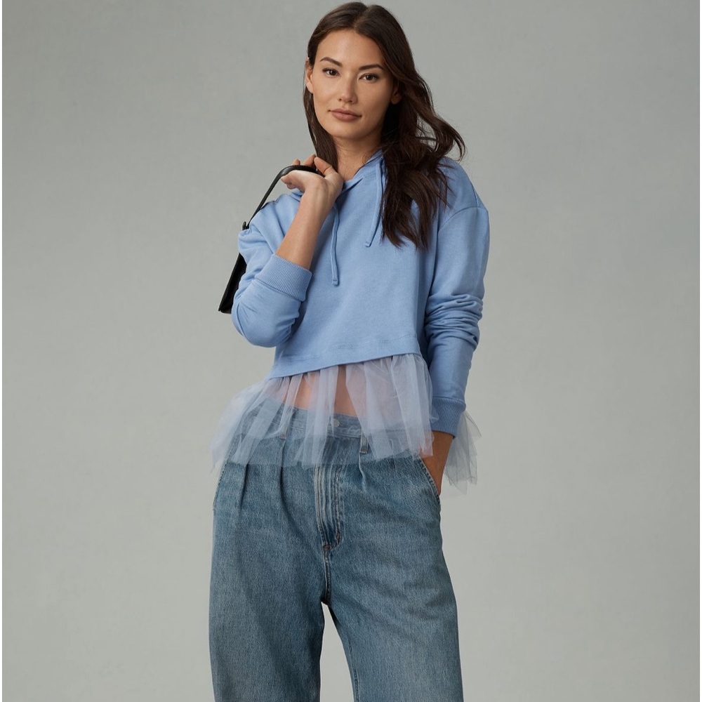 Pilcro Tulle-hem Short-sleeve hoodie